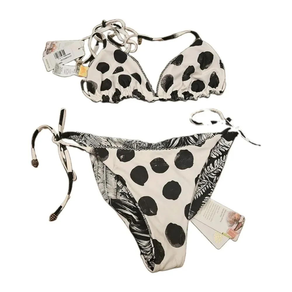 Agua Bendita Lolita Tri Top & Reversible Alegria Bottom L NWT Black White Beaded
